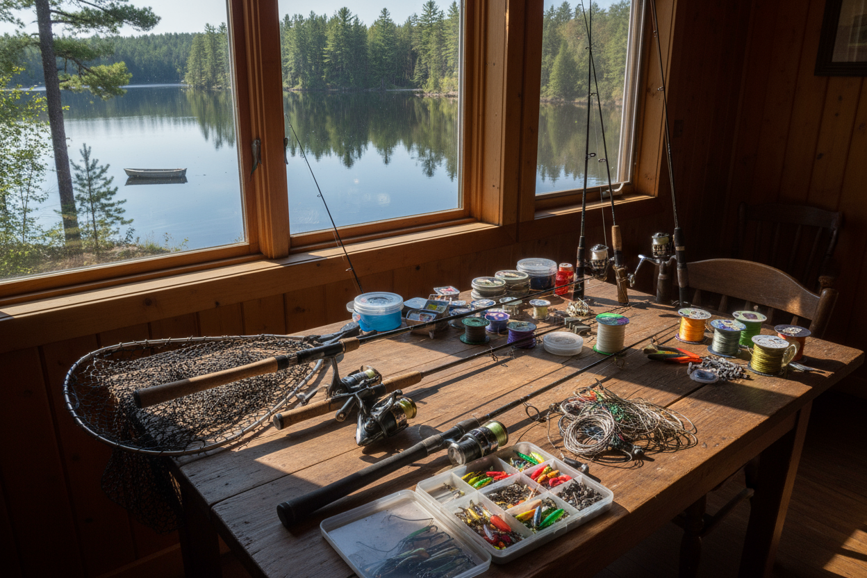 un monton de articulos de pesca en una mesa dentro de una casa que se ve por la ventana que esta al lado de un lago